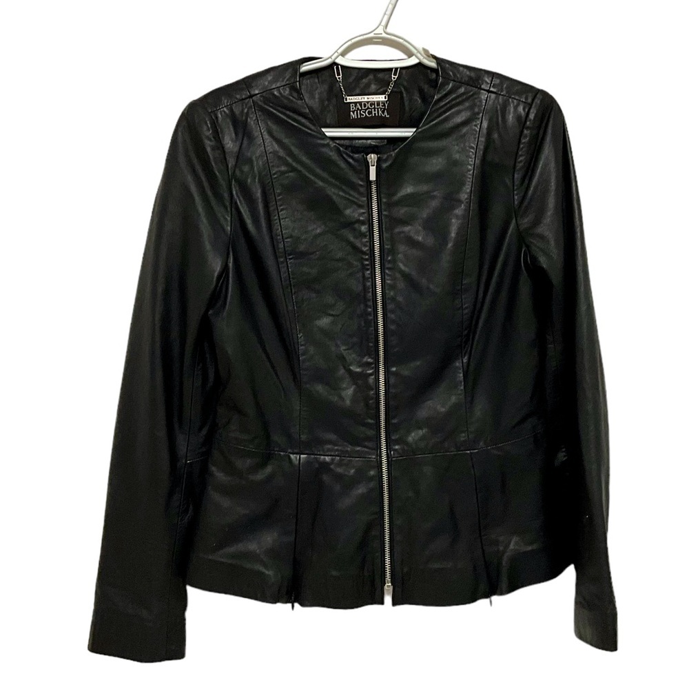 Badgley Mischka Black Leather Jacket Womens Small Peplum Zip Front Fitted Lined